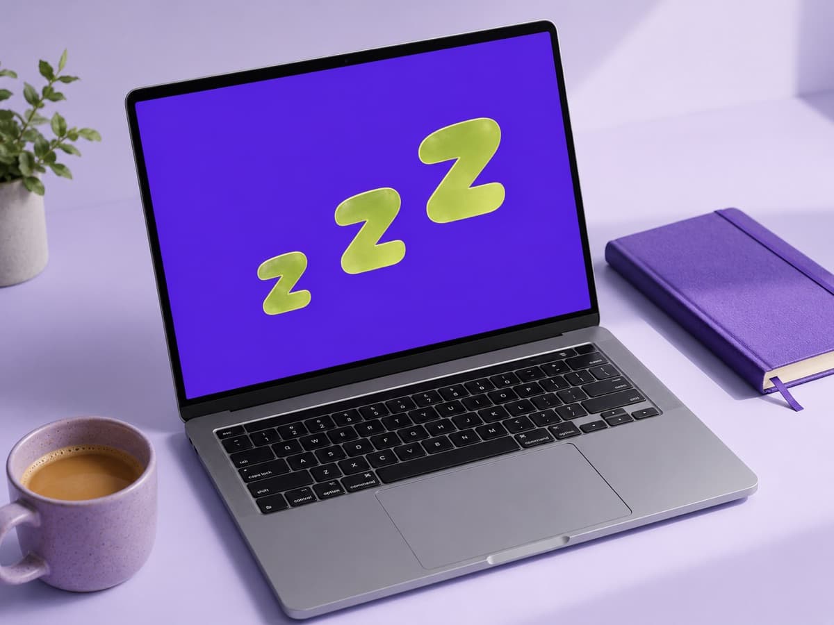 presentation deck on a laptop, purple slide with glass z's
