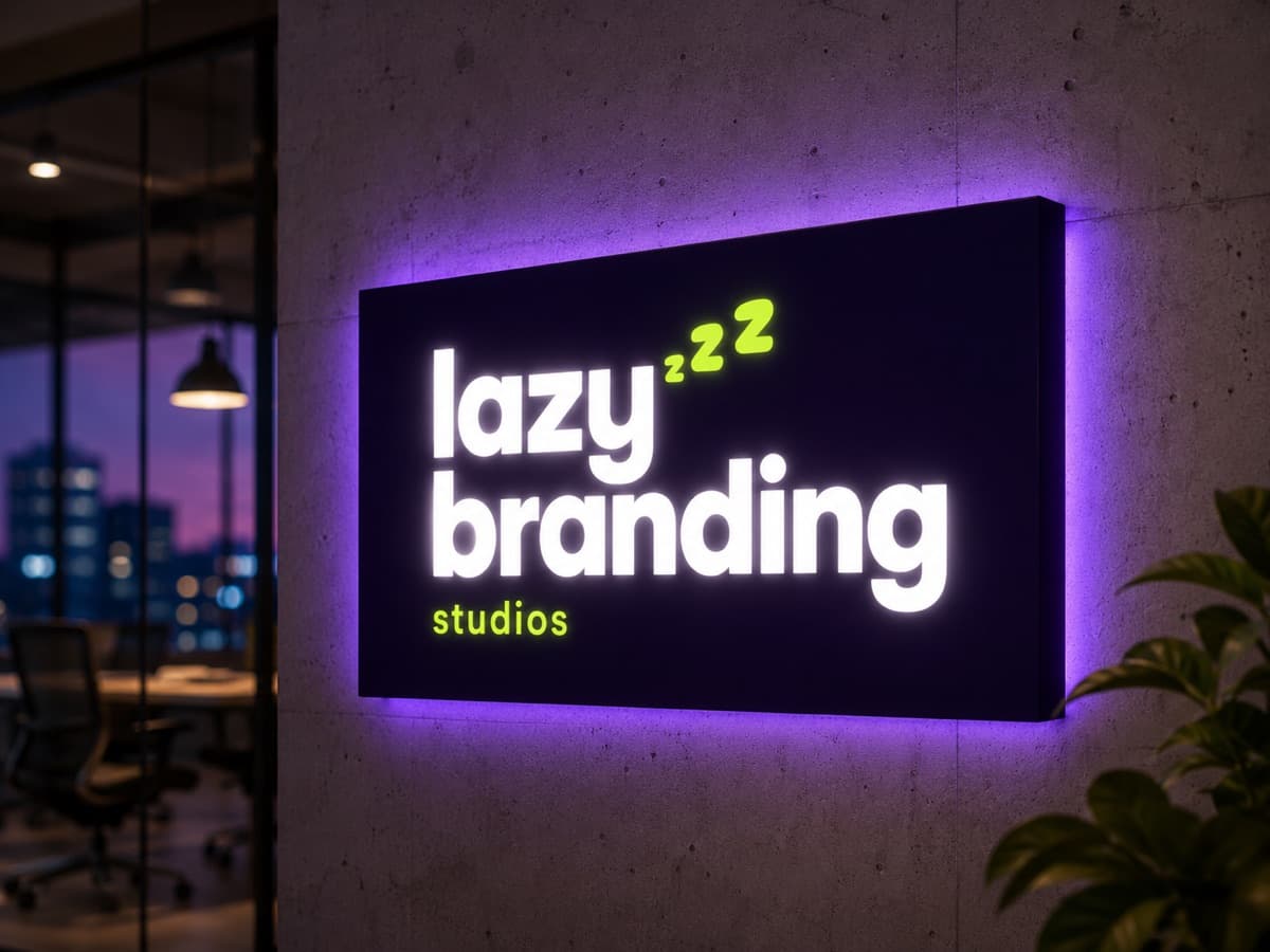 backlit office signage panel with glowing lockup