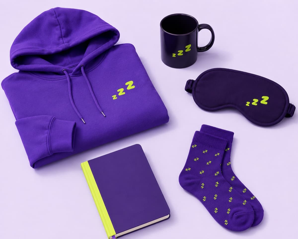 branded merch: hoodie, mug, eye mask, socks, notebook