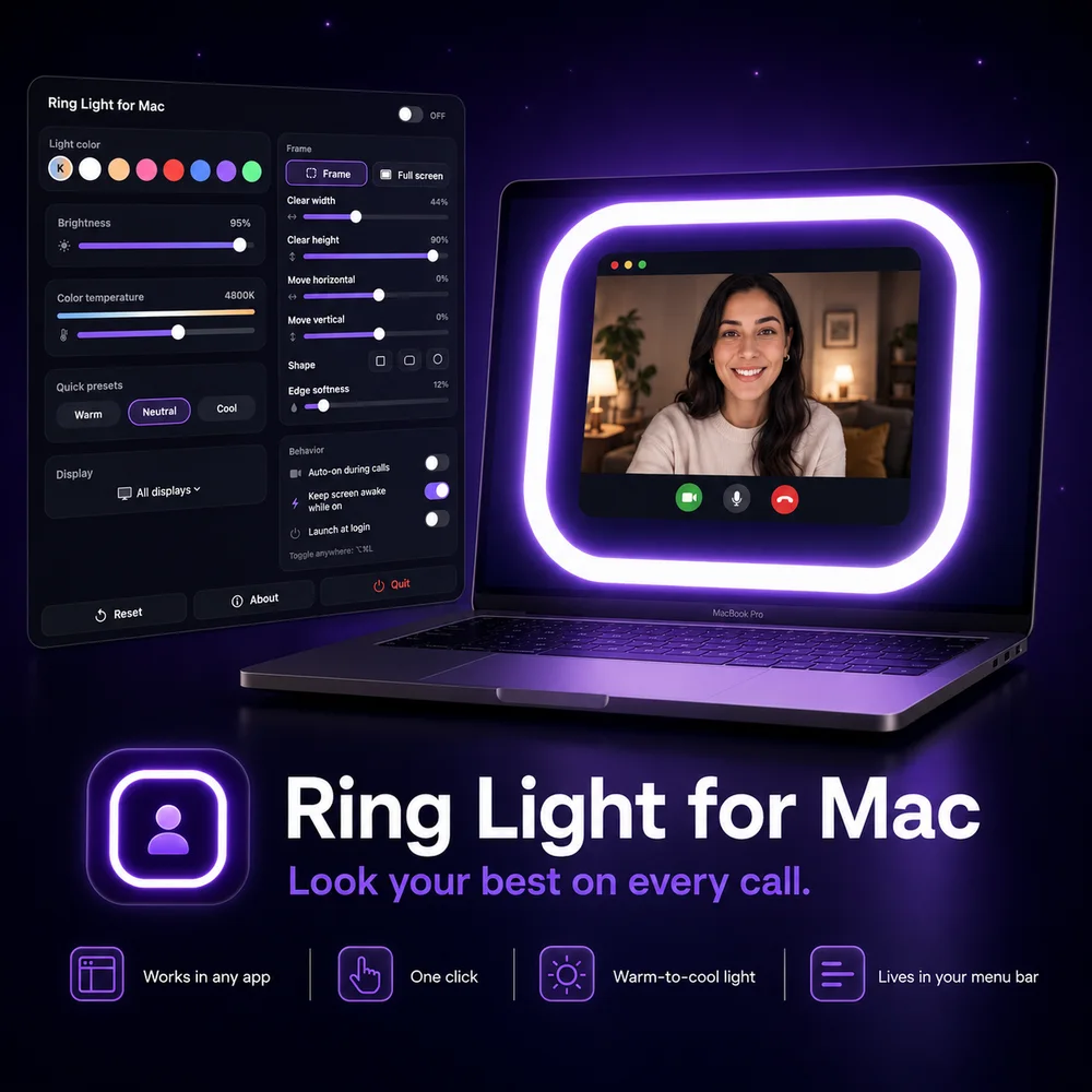 ring light for mac: the control panel and a laptop with a glowing light frame around a video call