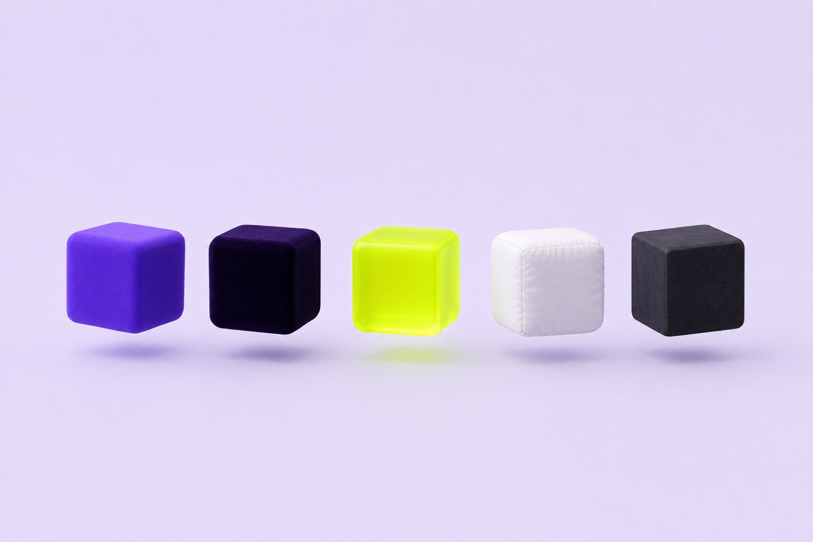 the brand color system as floating cubes: rem purple, midnight, wide-awake lime, daydream, pillow.