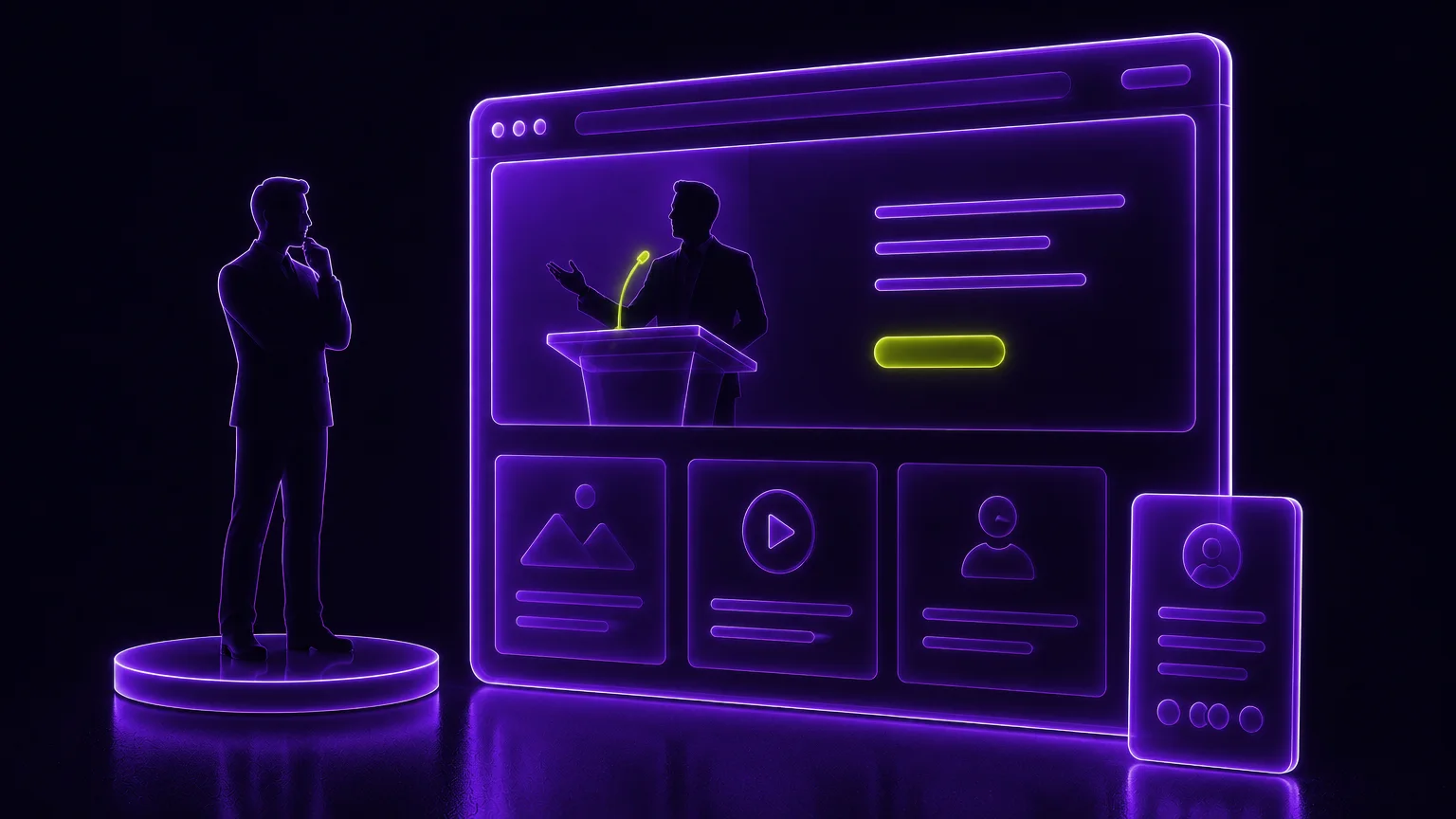 a coach silhouette on a small pedestal facing a neon website of their own personal brand
