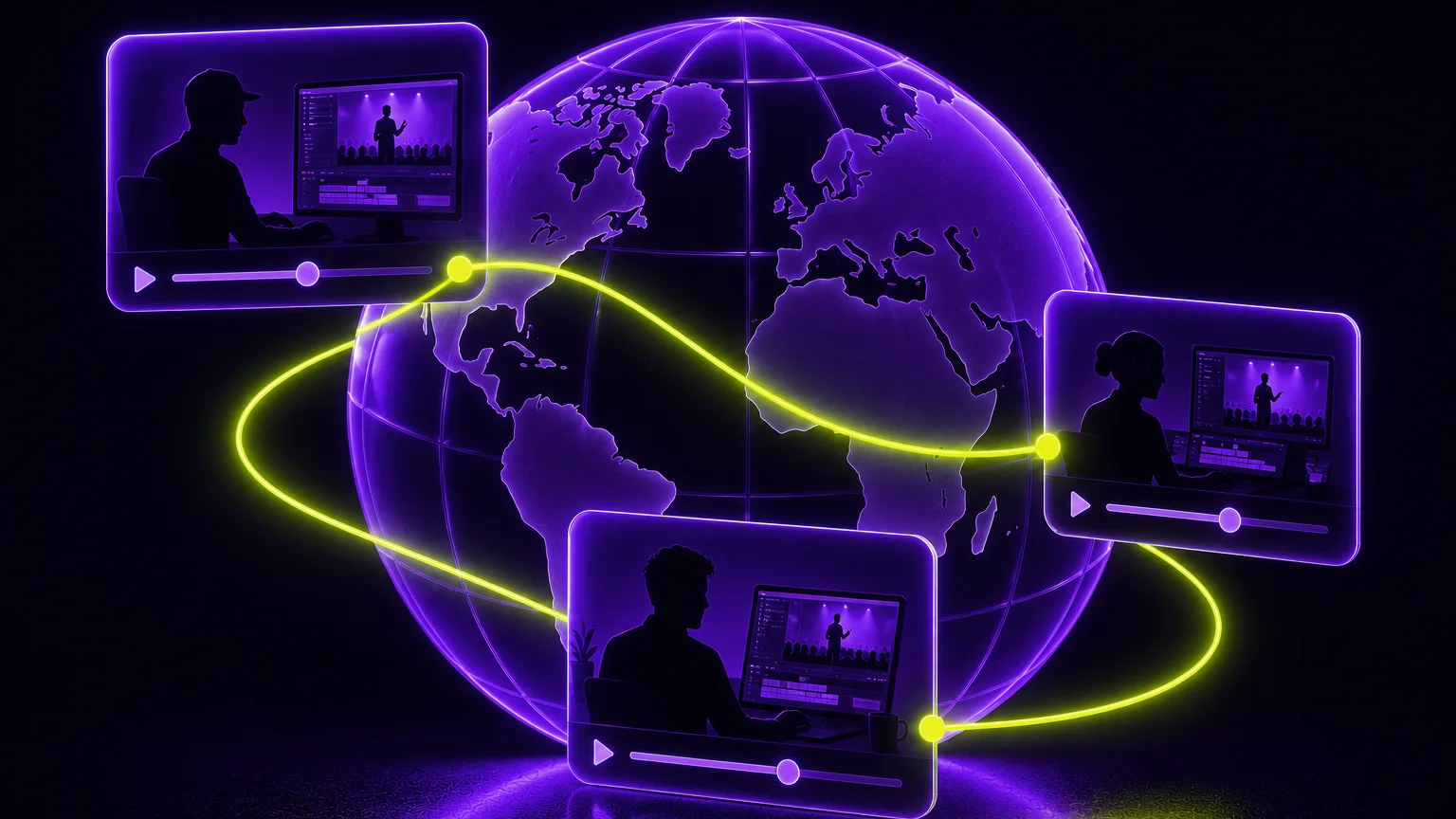 a neon globe connected to floating video player cards by a glowing lime thread