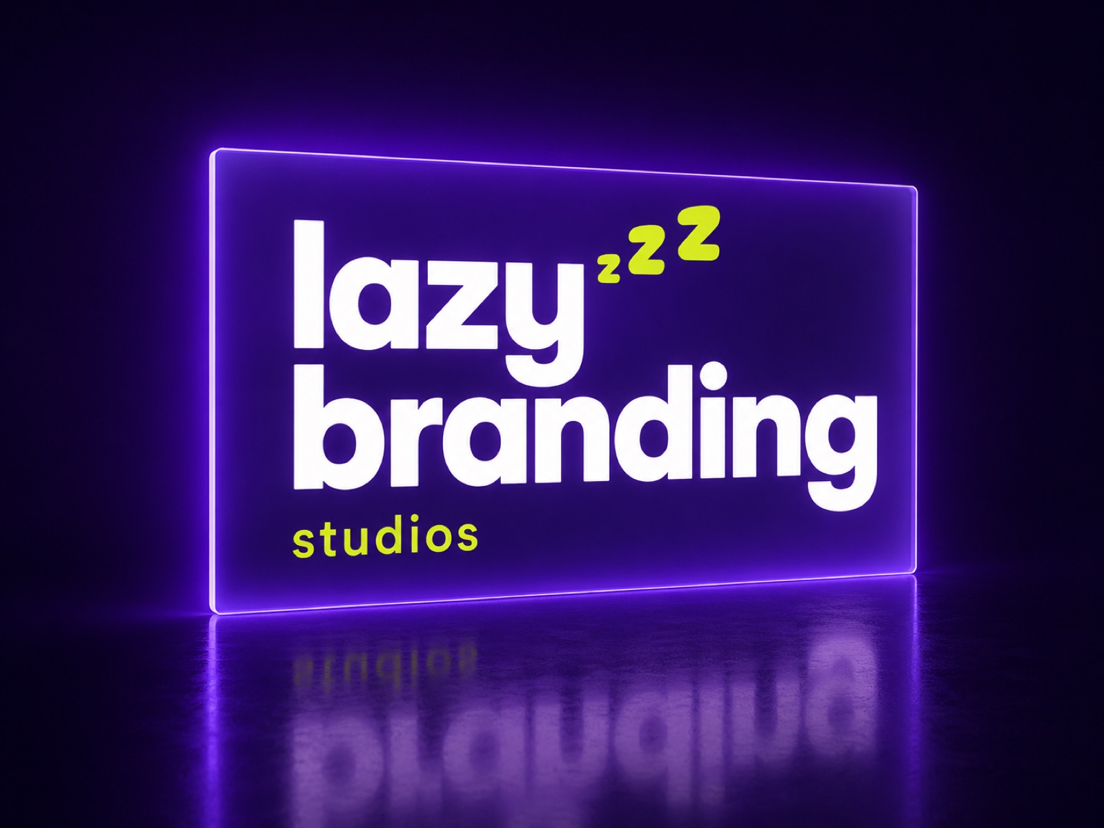 the lazybranding studios logo glowing in neon purple and lime on a dark reflective surface