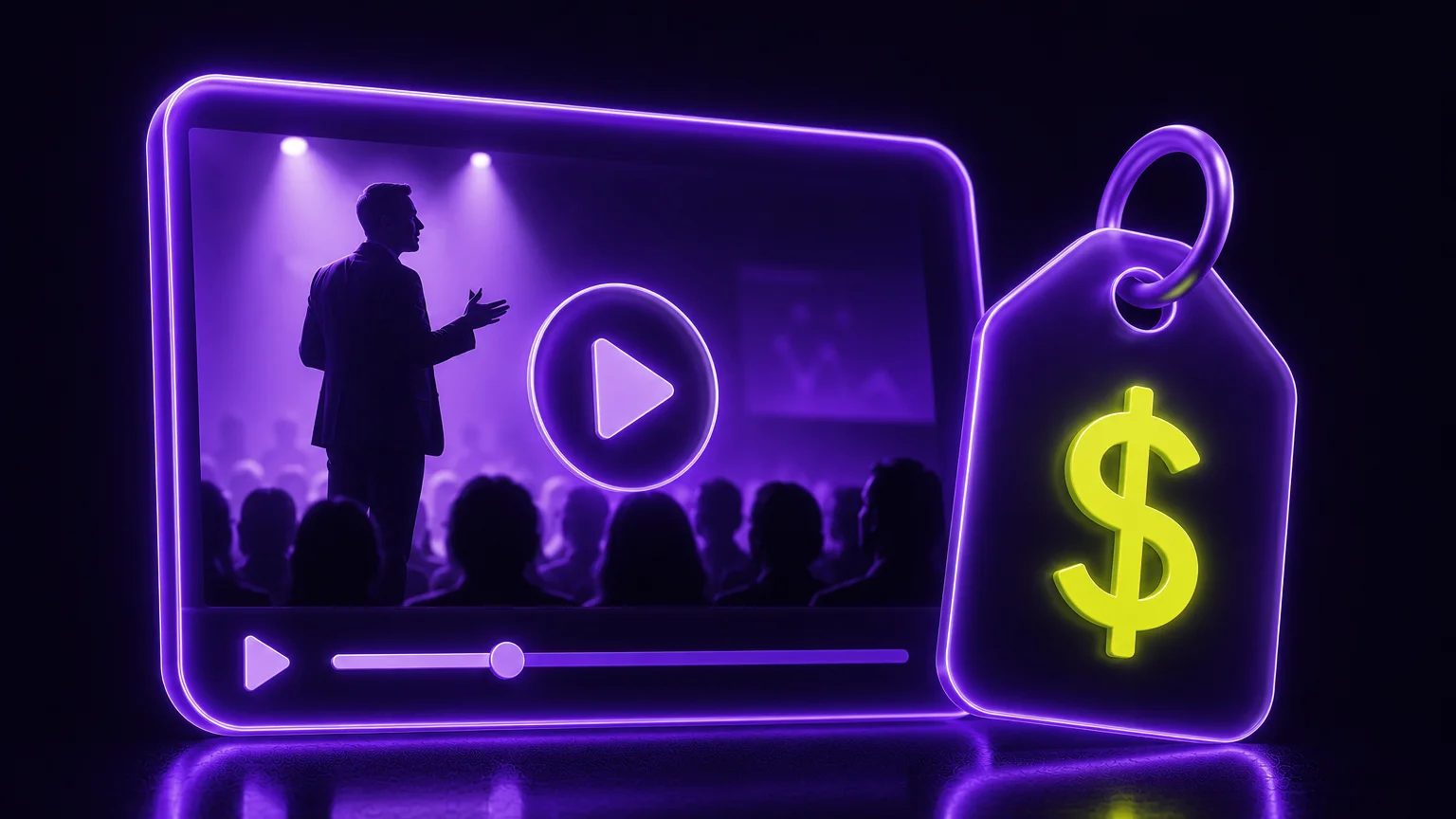 a neon glass video player showing a speaker on stage, beside a glowing price tag