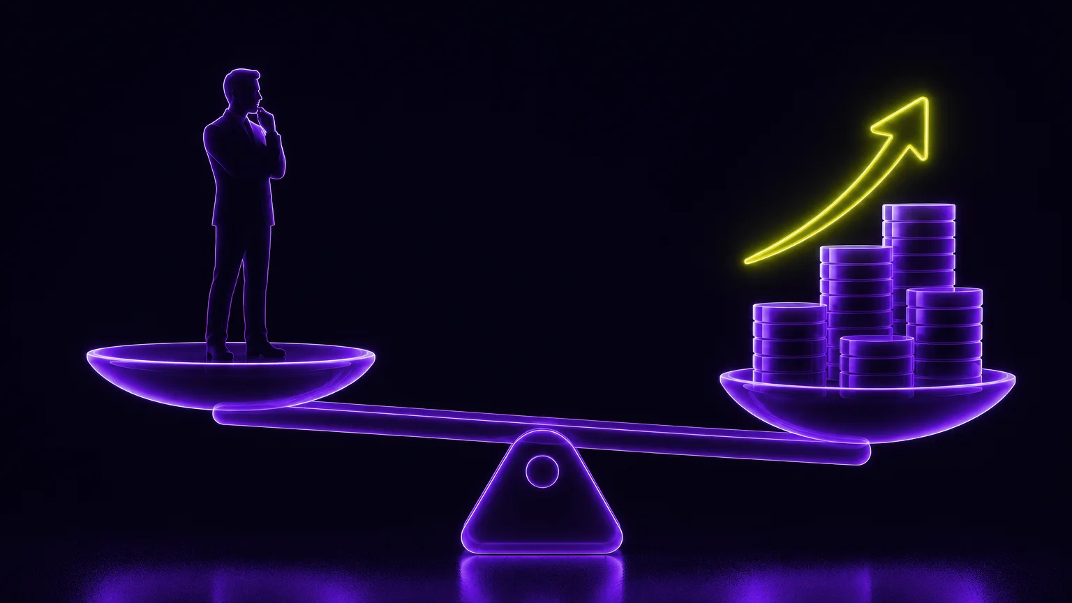 a neon balance scale weighing a speaker silhouette against stacks of coins, with a lime growth arrow