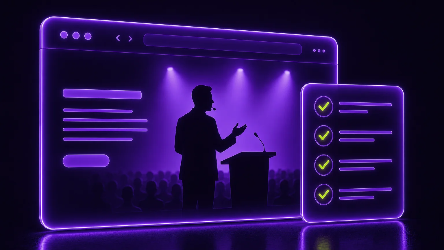 a neon browser window showing a speaker at a podium, beside a checklist card with lime checkmarks