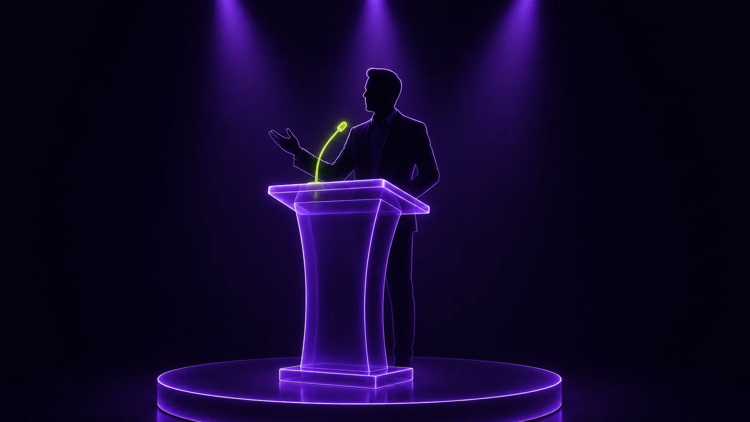 a speaker silhouette at a glowing glass podium on a round stage under three spotlights