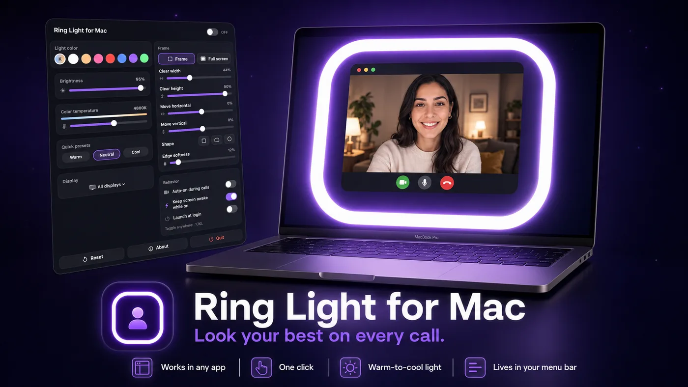 ring light for mac casting a soft bright frame around a video call so the face is lit, not lost in the dark