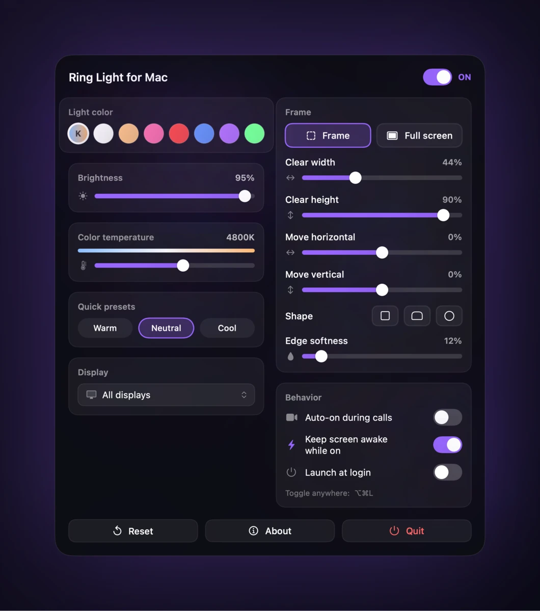 the ring light for mac control panel showing light color, brightness, color temperature, frame size, and behavior toggles
