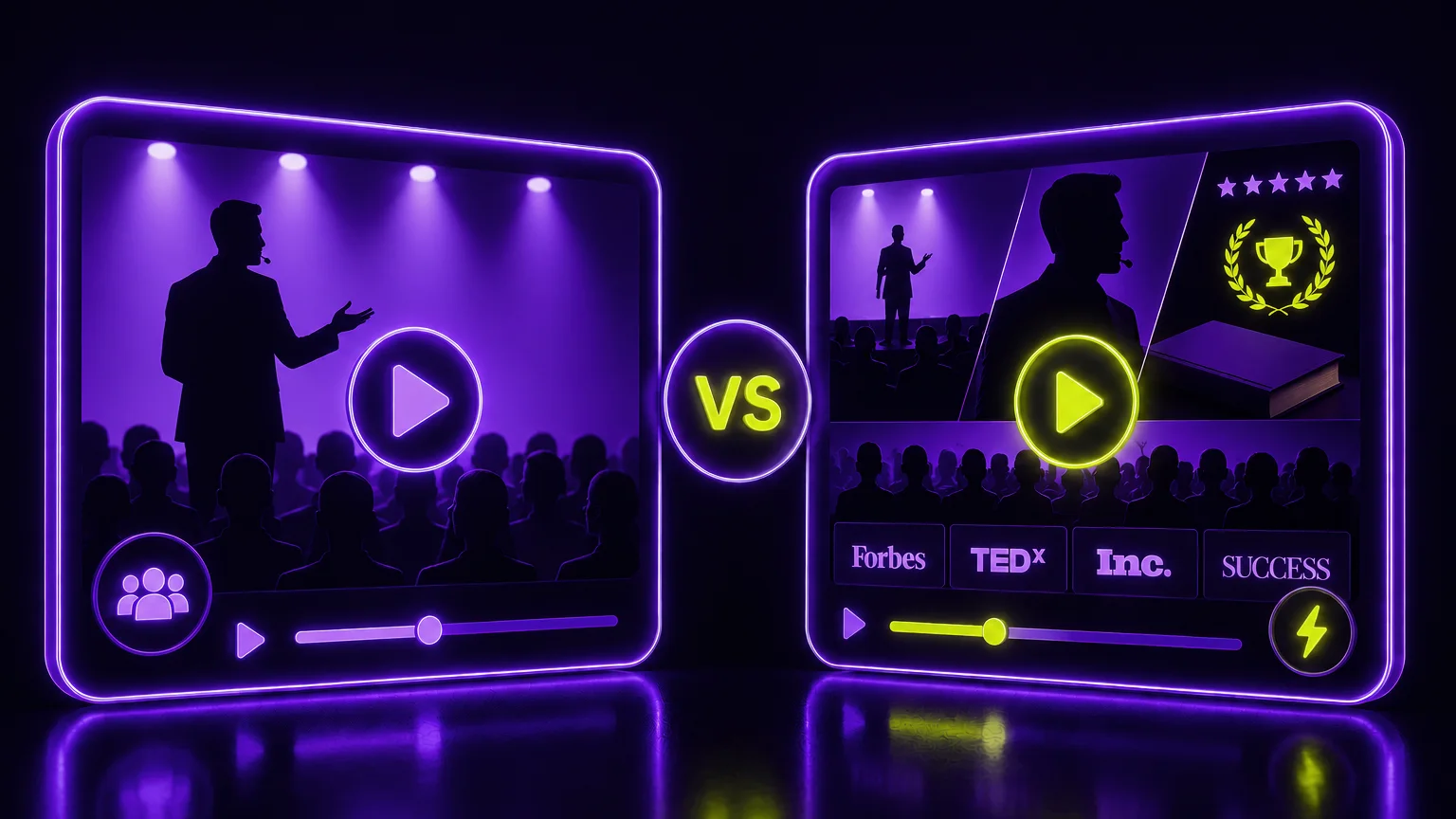 two neon video players side by side, a short sizzle reel versus a full speaker demo video