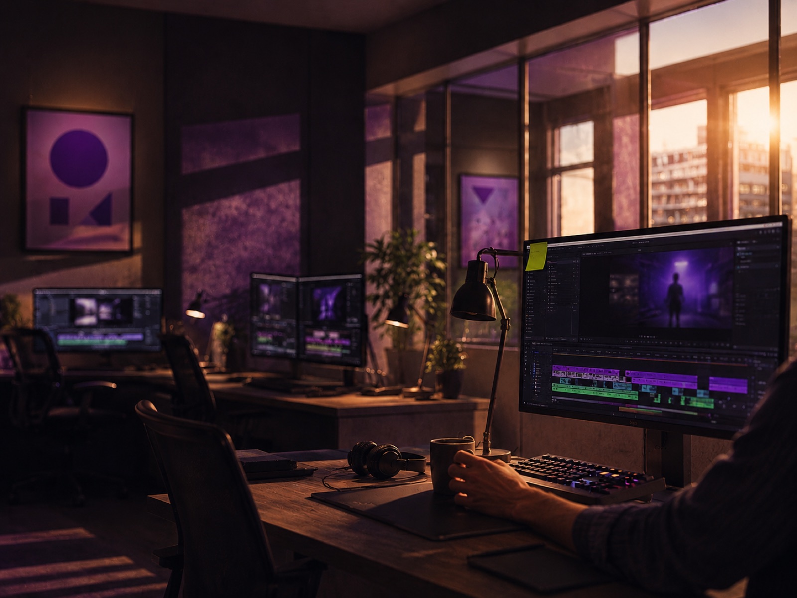 a lazybranding studio workspace at golden hour, an edit in progress on the monitor.