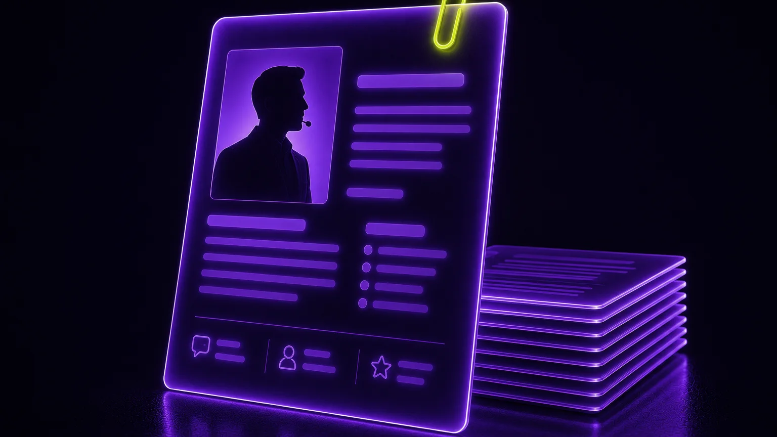 a neon glass speaker one sheet with a portrait and info rows, leaning on a stack of glass sheets